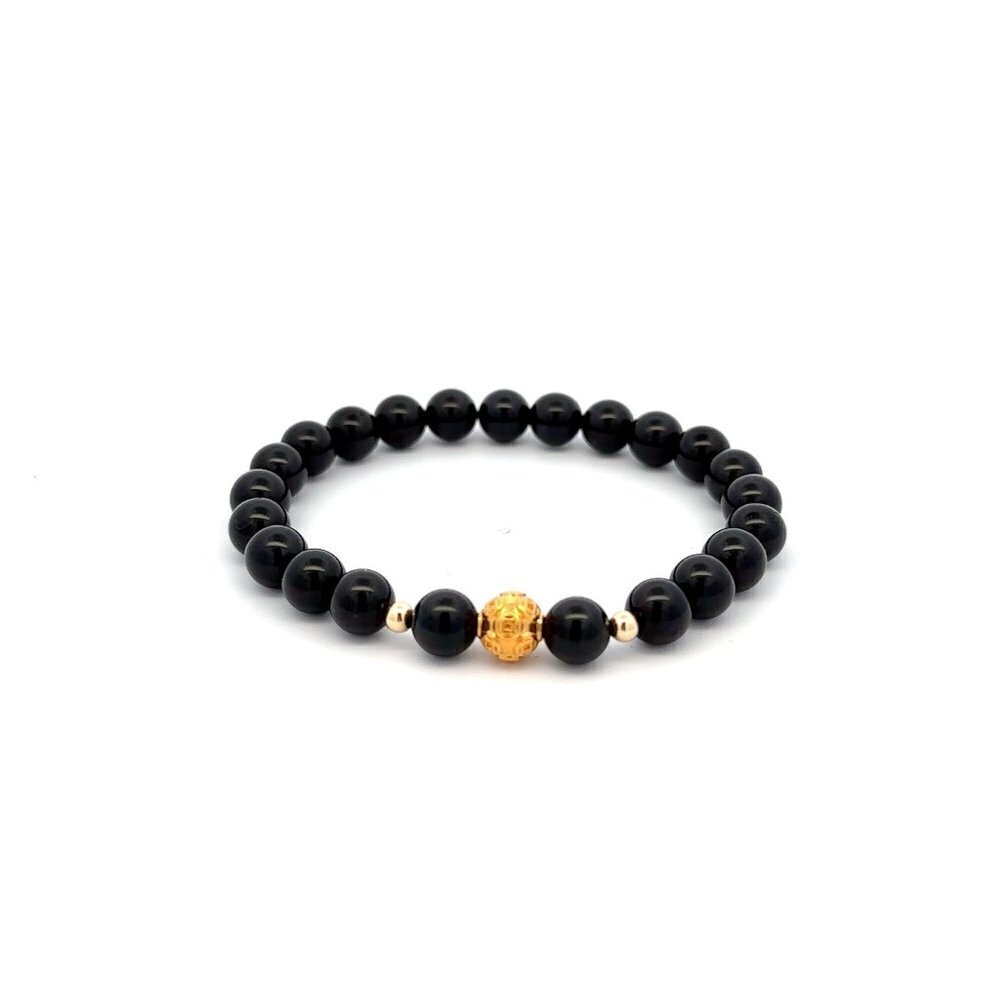 18K Gold Money Ball Lucky Charm Bracelet Gemstones Black Natural Tourmaline 6mm